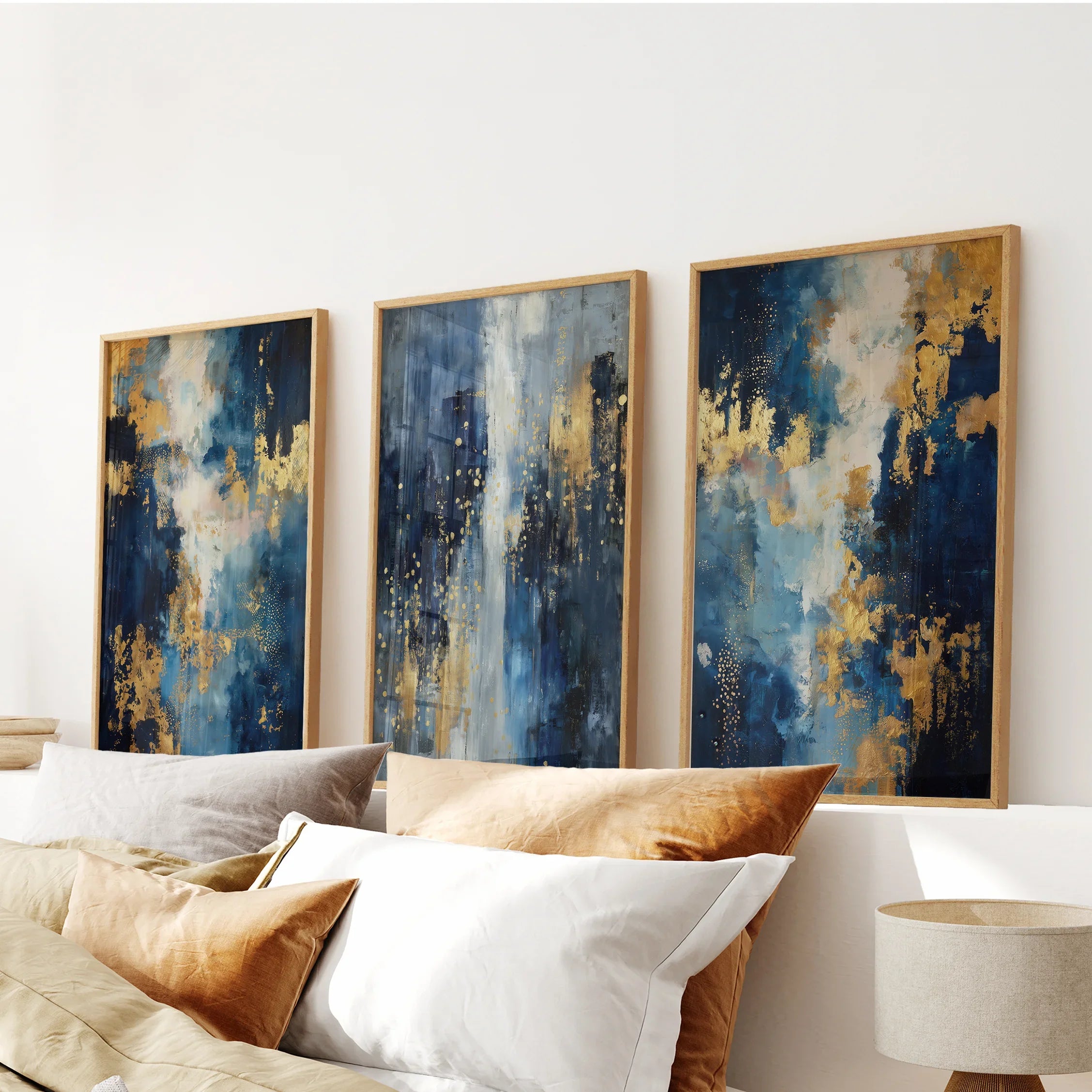Elegant Navy and Gold Art Set of 3. Contemporary Abstract Prints