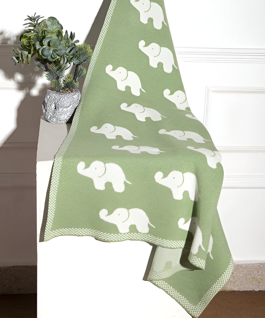 Elephant Green Knitted Cotton Baby Blanket
