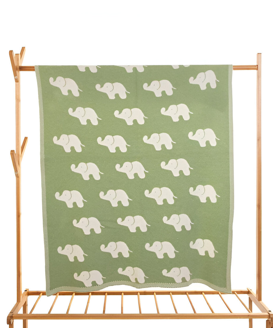 Elephant Green Knitted Cotton Baby Blanket
