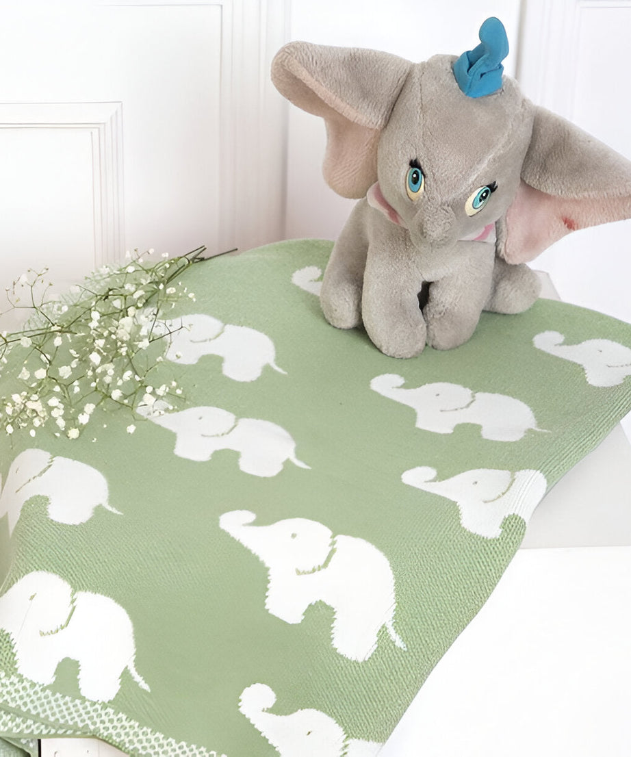 Elephant Green Knitted Cotton Baby Blanket