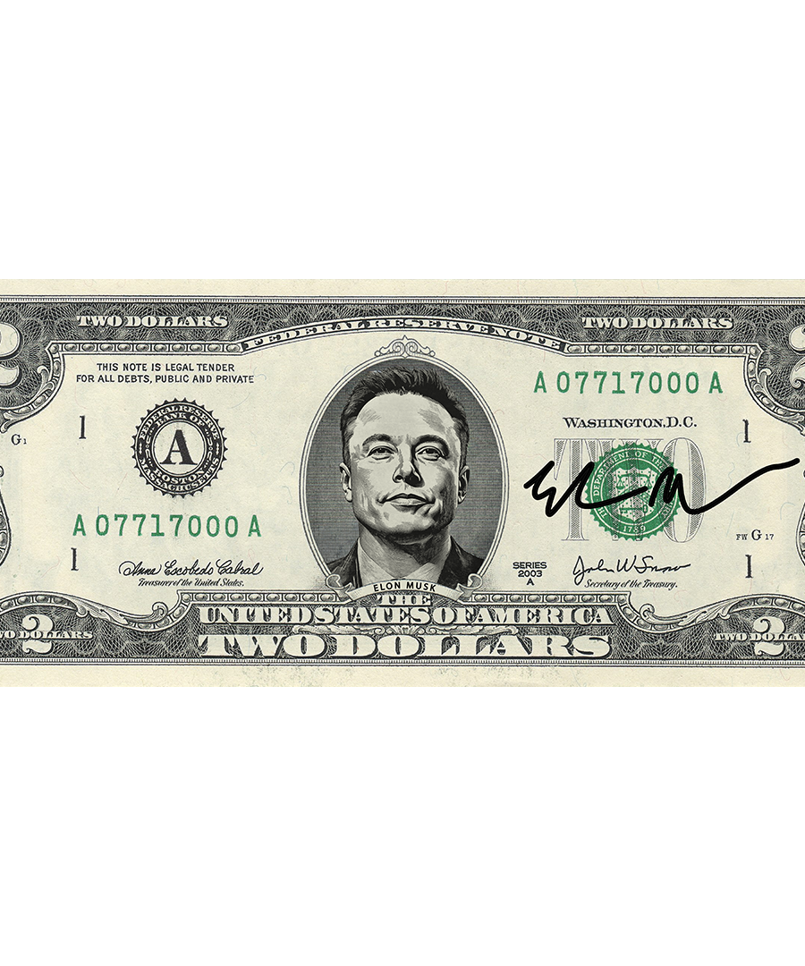 Elon Musk Sammlerstück 2-Dollar-Schein (echtes gesetzliches Zahlungsmittel)