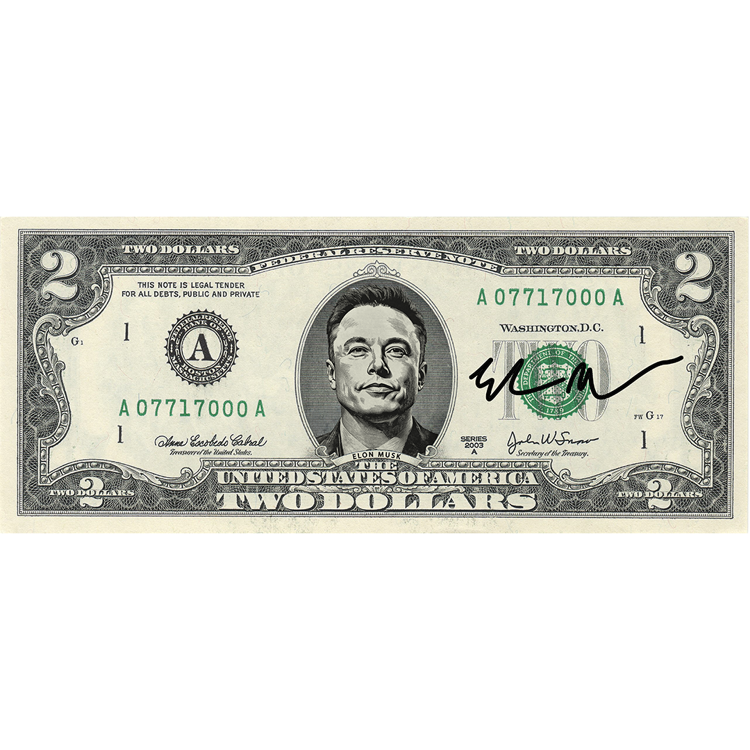 Elon Musk Sammlerstück 2-Dollar-Schein (echtes gesetzliches Zahlungsmittel)
