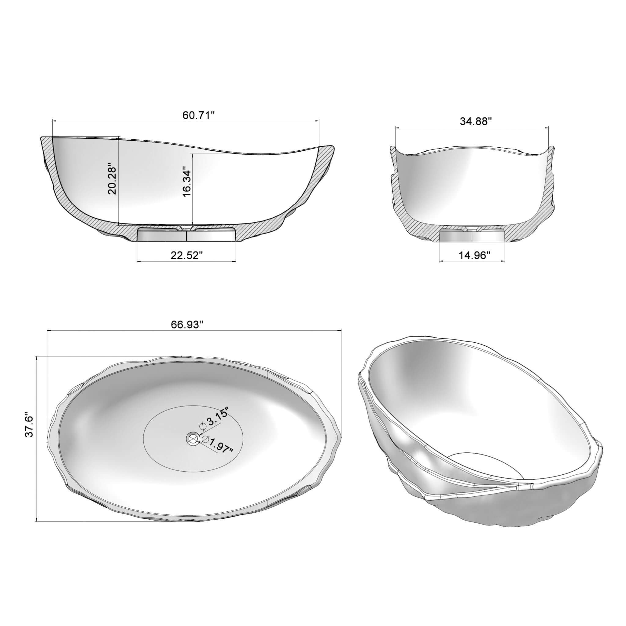 Nuvia Extra-Large 67-Inch Modern Freestanding Oval Resin Soaking Bathtub (SAK39750)