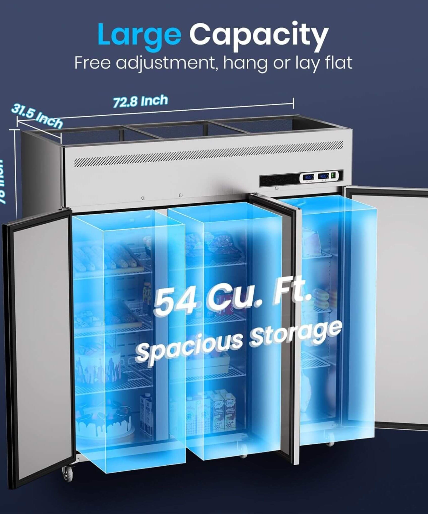 Extra-Large 72-Inch 54 Cu.Ft Commercial 3-Door Upright Reach-In Freezer Refrigerator Combo With Wheels (SAK68325)