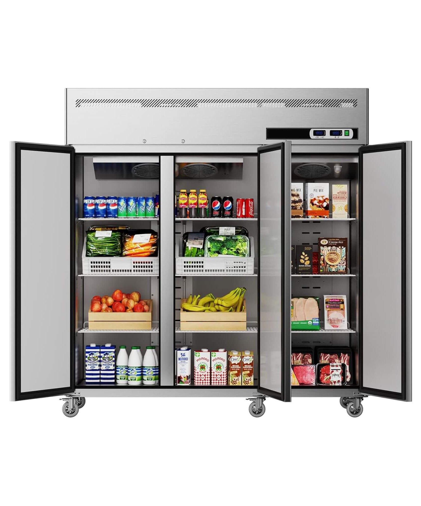 Extra-Large 72-Inch 54 Cu.Ft Commercial 3-Door Upright Reach-In Freezer Refrigerator Combo With Wheels (SAK68325)