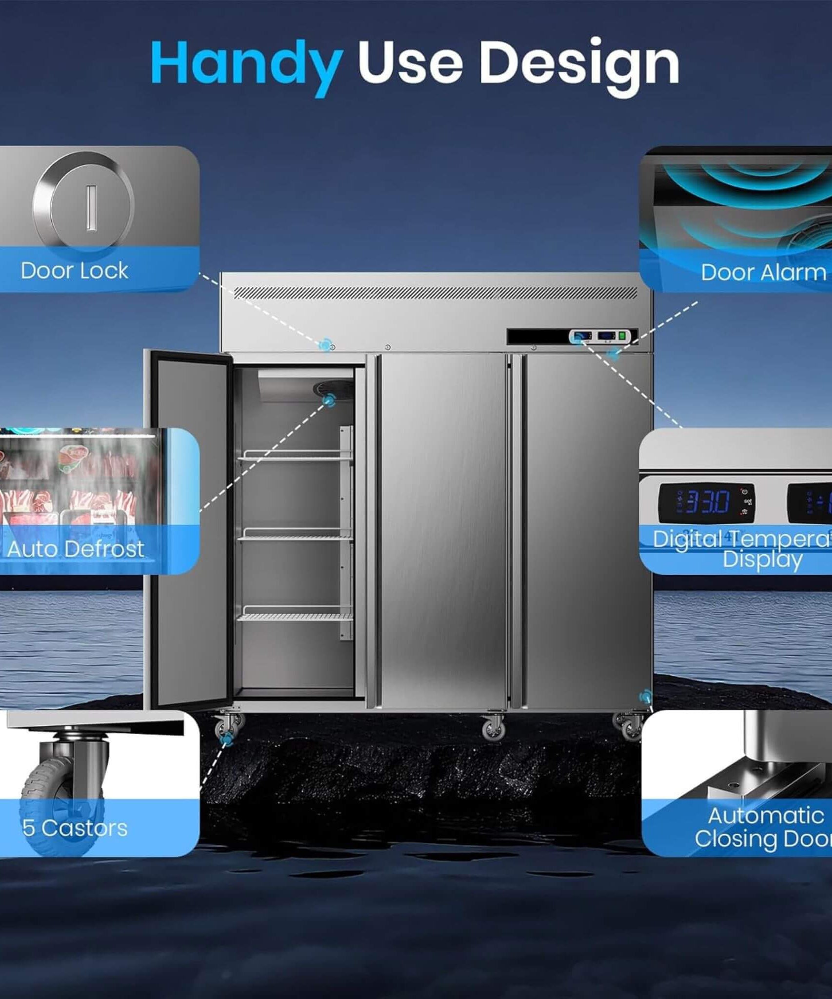 Extra-Large 72-Inch 54 Cu.Ft Commercial 3-Door Upright Reach-In Freezer Refrigerator Combo With Wheels (SAK68325)