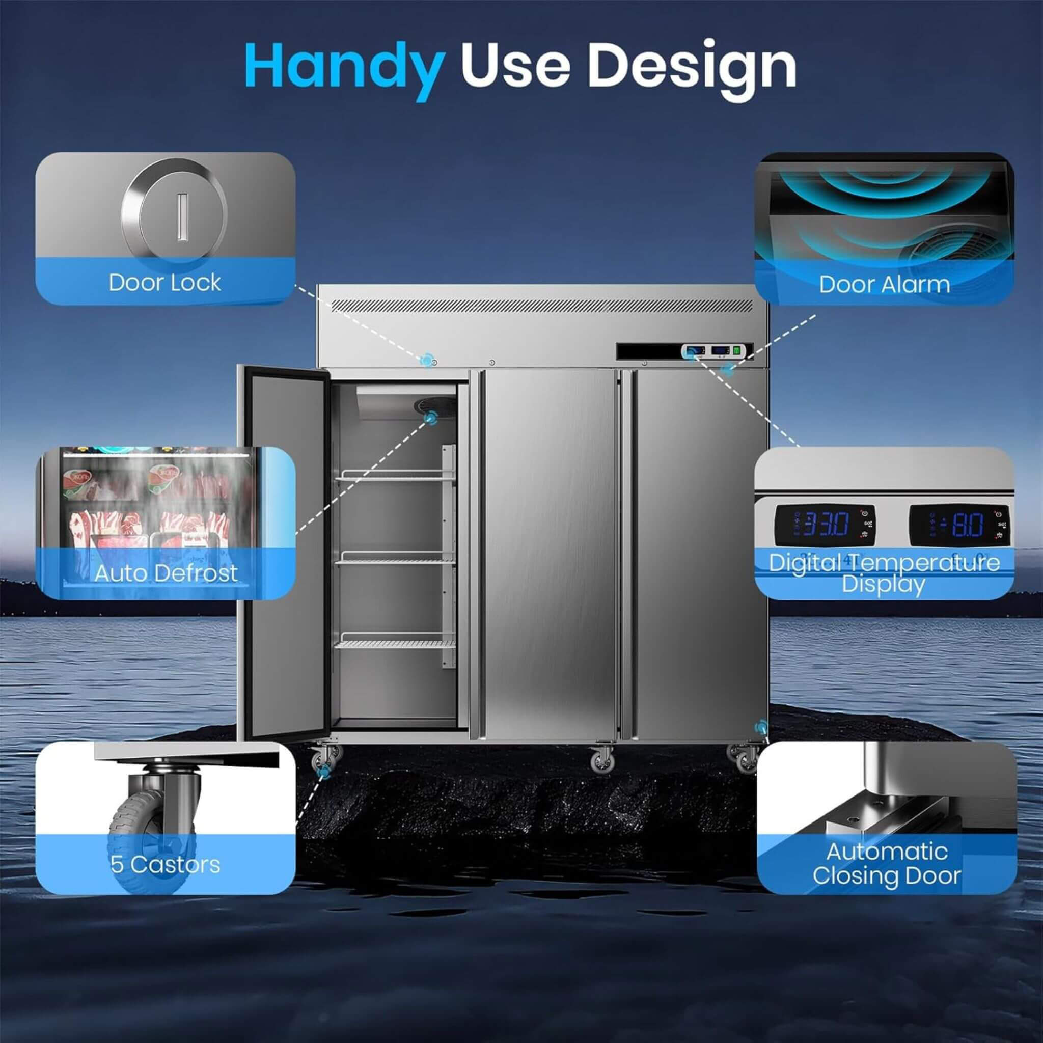 Extra-Large 72-Inch 54 Cu.Ft Commercial 3-Door Upright Reach-In Freezer Refrigerator Combo With Wheels (SAK68325)