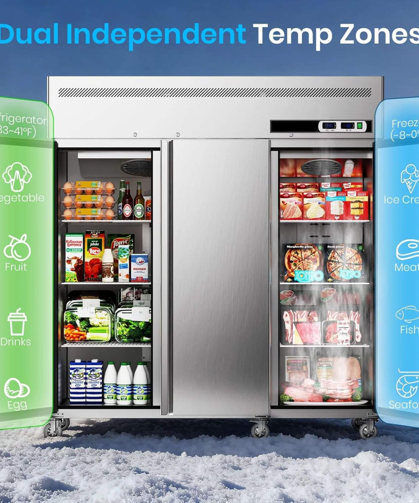 Extra-Large 72-Inch 54 Cu.Ft Commercial 3-Door Upright Reach-In Freezer Refrigerator Combo With Wheels (SAK68325)