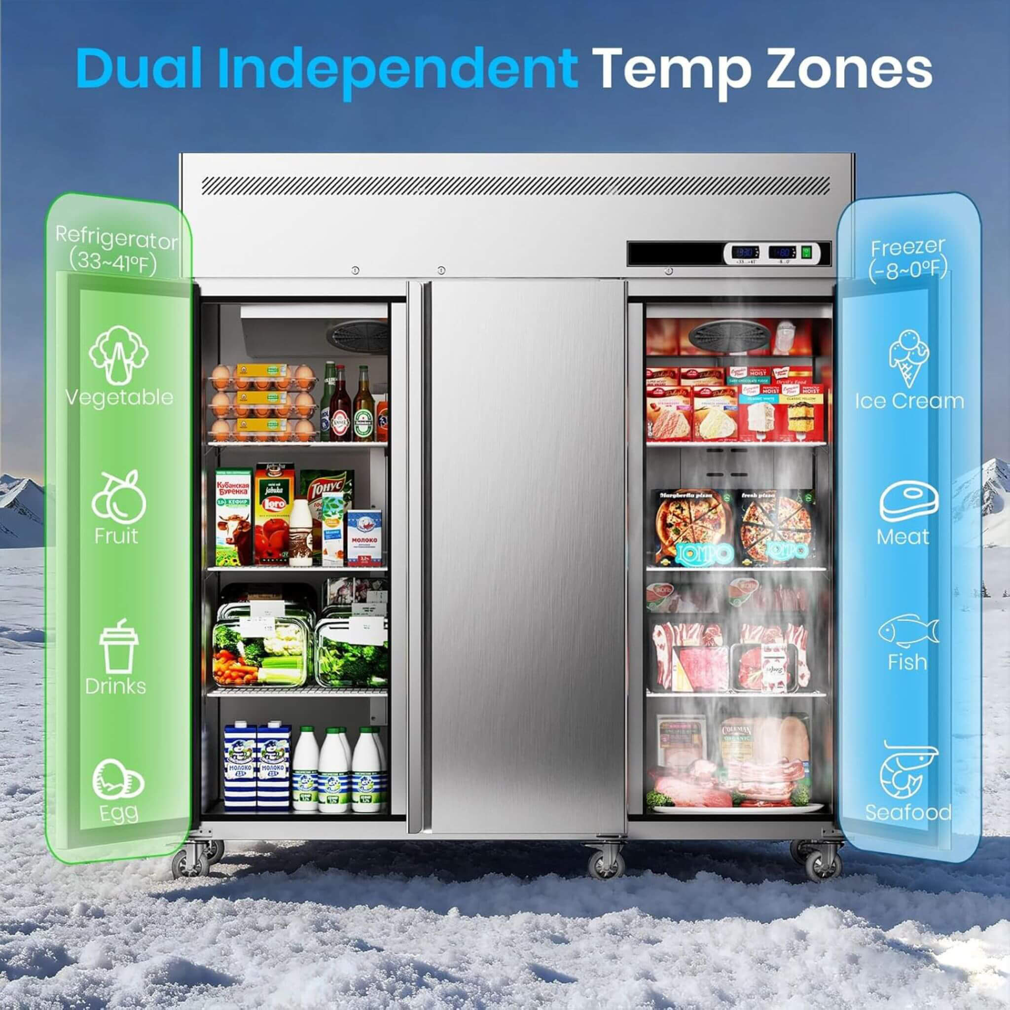 Extra-Large 72-Inch 54 Cu.Ft Commercial 3-Door Upright Reach-In Freezer Refrigerator Combo With Wheels (SAK68325)