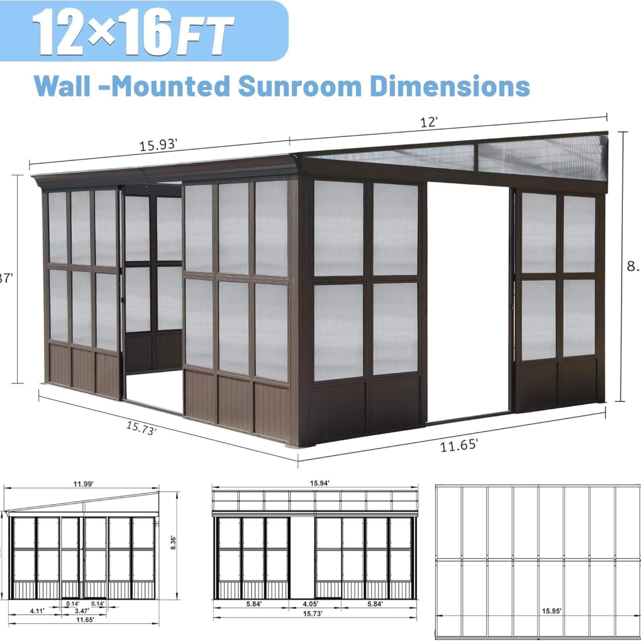 [12X16FT] Alora Horizon Extra-Large Heavy-Duty All-Season Sunroom With Sliding Doors And Polycarbonate Windows (SAK98357)