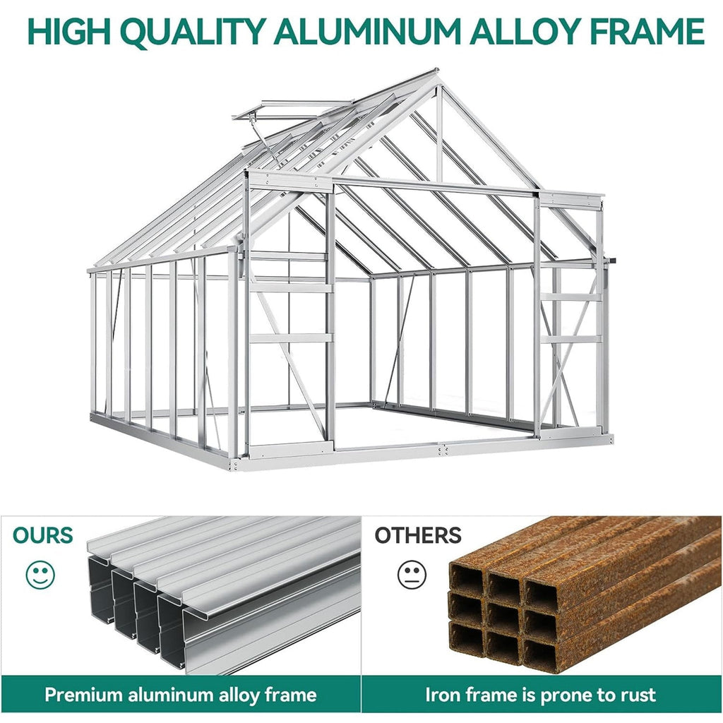 [10X12FT] Extra-Large Heavy-Duty Polycarbonate Aluminum Greenhouse With Sliding Doors And Vents (SAK74183)