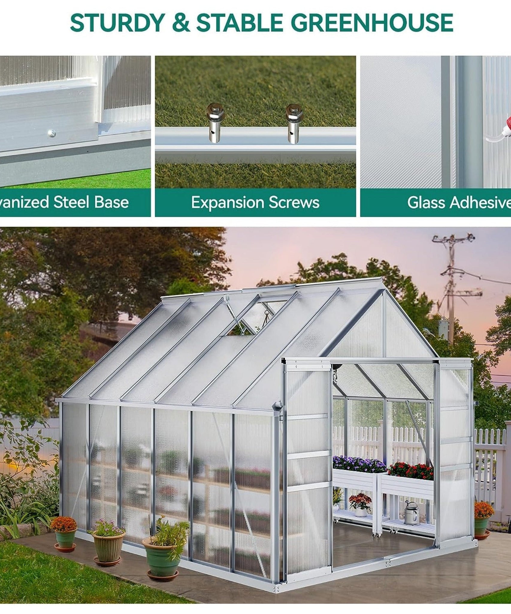 [10X12FT] Extra-Large Heavy-Duty Polycarbonate Aluminum Greenhouse With Sliding Doors And Vents (SAK74183)
