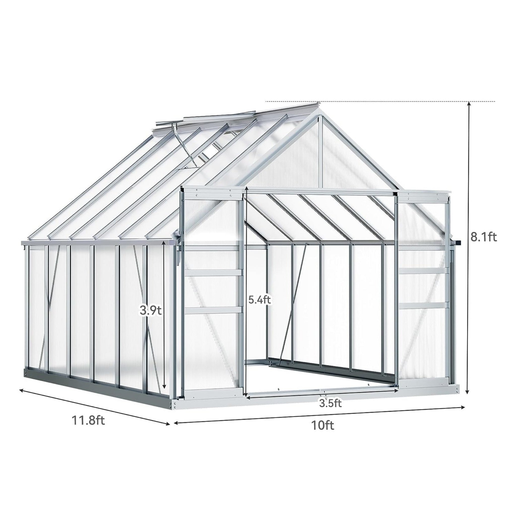 [10X12FT] Extra-Large Heavy-Duty Polycarbonate Aluminum Greenhouse With Sliding Doors And Vents (SAK74183)