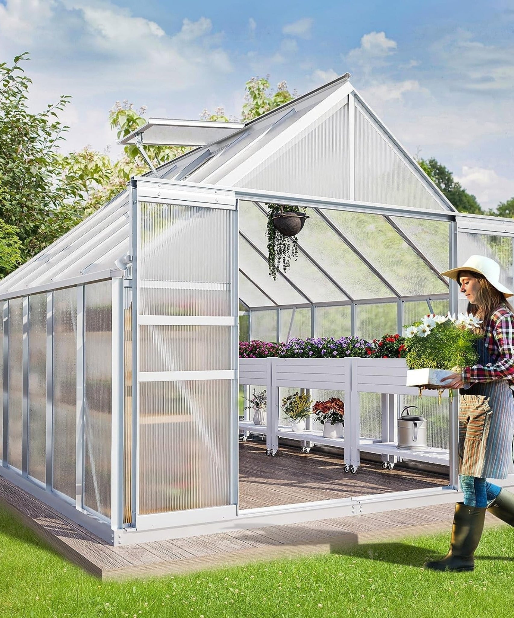 [10X12FT] Extra-Large Heavy-Duty Polycarbonate Aluminum Greenhouse With Sliding Doors And Vents (SAK74183)
