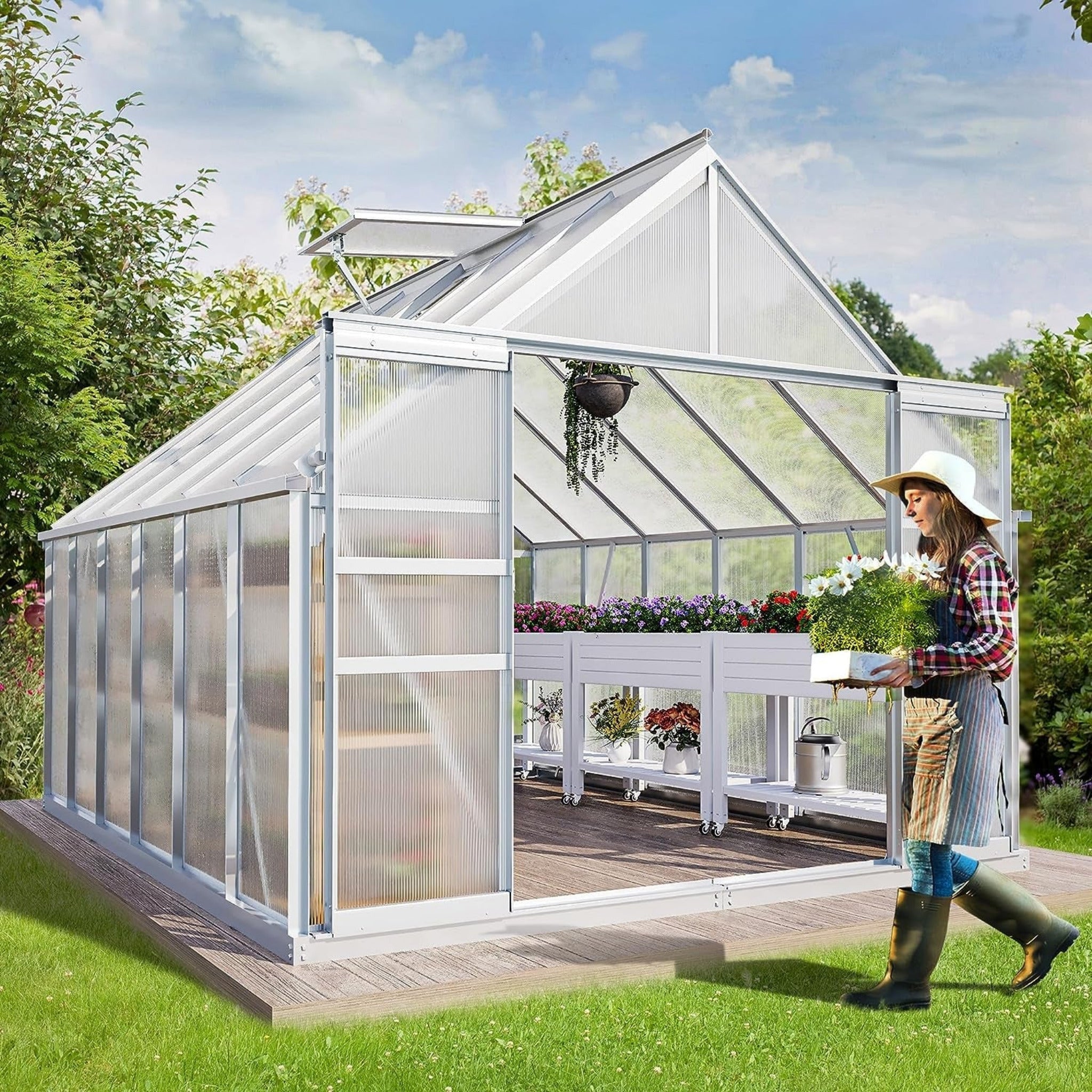 [10X12FT] Extra-Large Heavy-Duty Polycarbonate Aluminum Greenhouse With Sliding Doors And Vents (SAK74183)