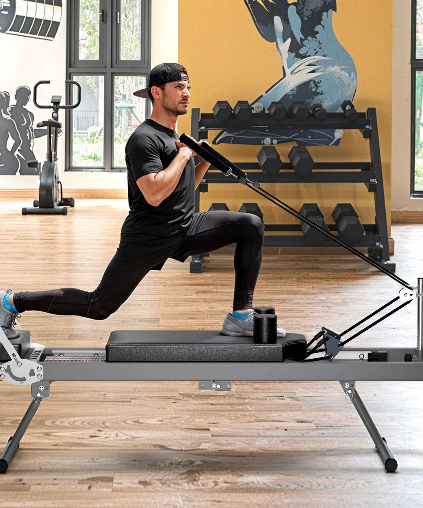 Core Pilates Extra-Large Multi-Functional Pilates Reformer Machine With Dynamic Resistance Cords And Aerobic Rebounder, Black (SAK32879)