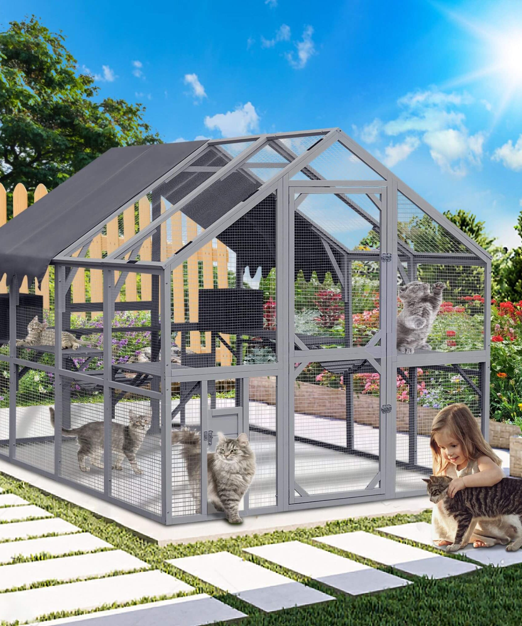 Alora Extra Large Outdoor Cat Kitten Playpen House With Platforms, And Waterproof Cover (SAK55092)