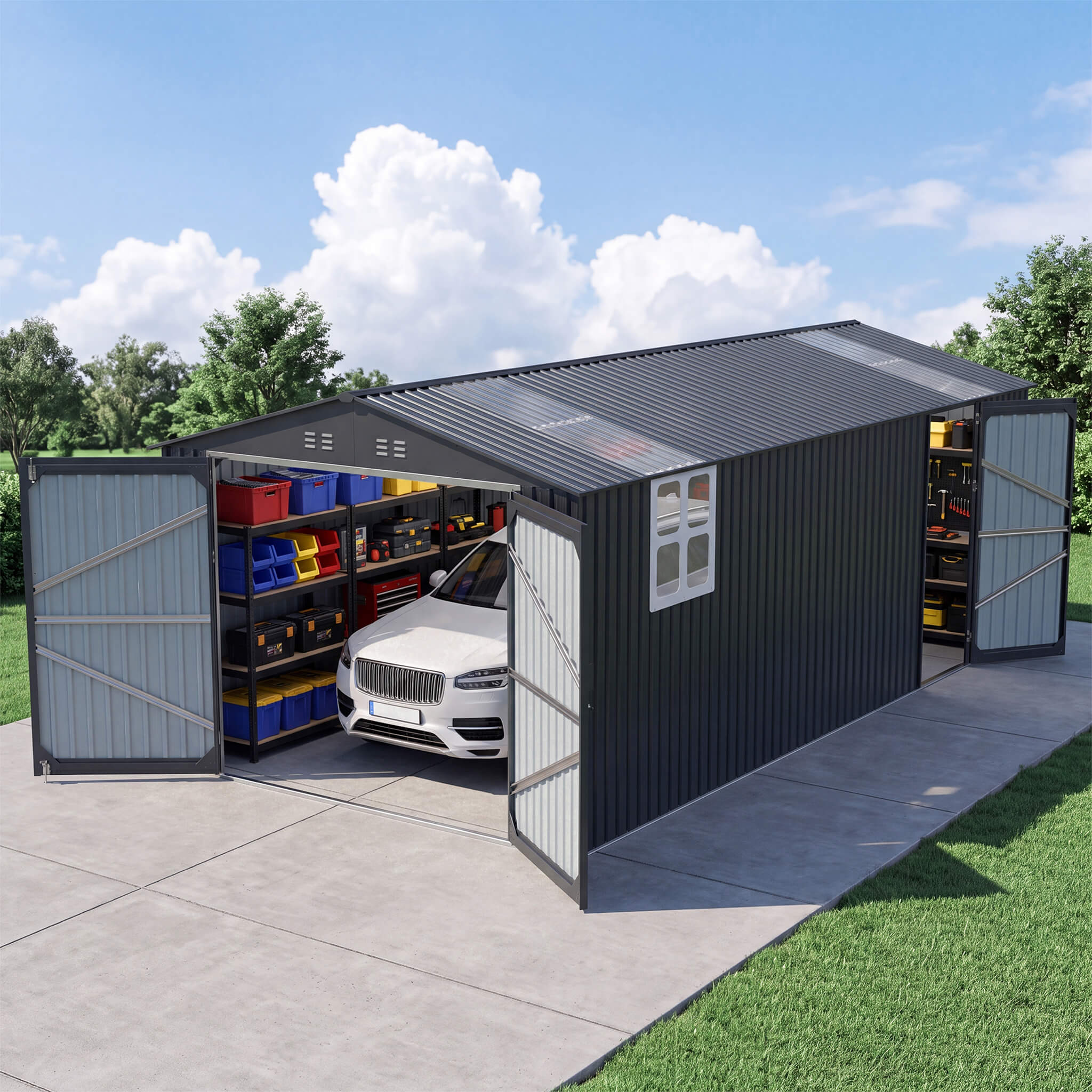 Alora Extra-Large Outdoor Galvanized Steel Outdoor Storage Shed With Skylight Roof (SAK42671)
