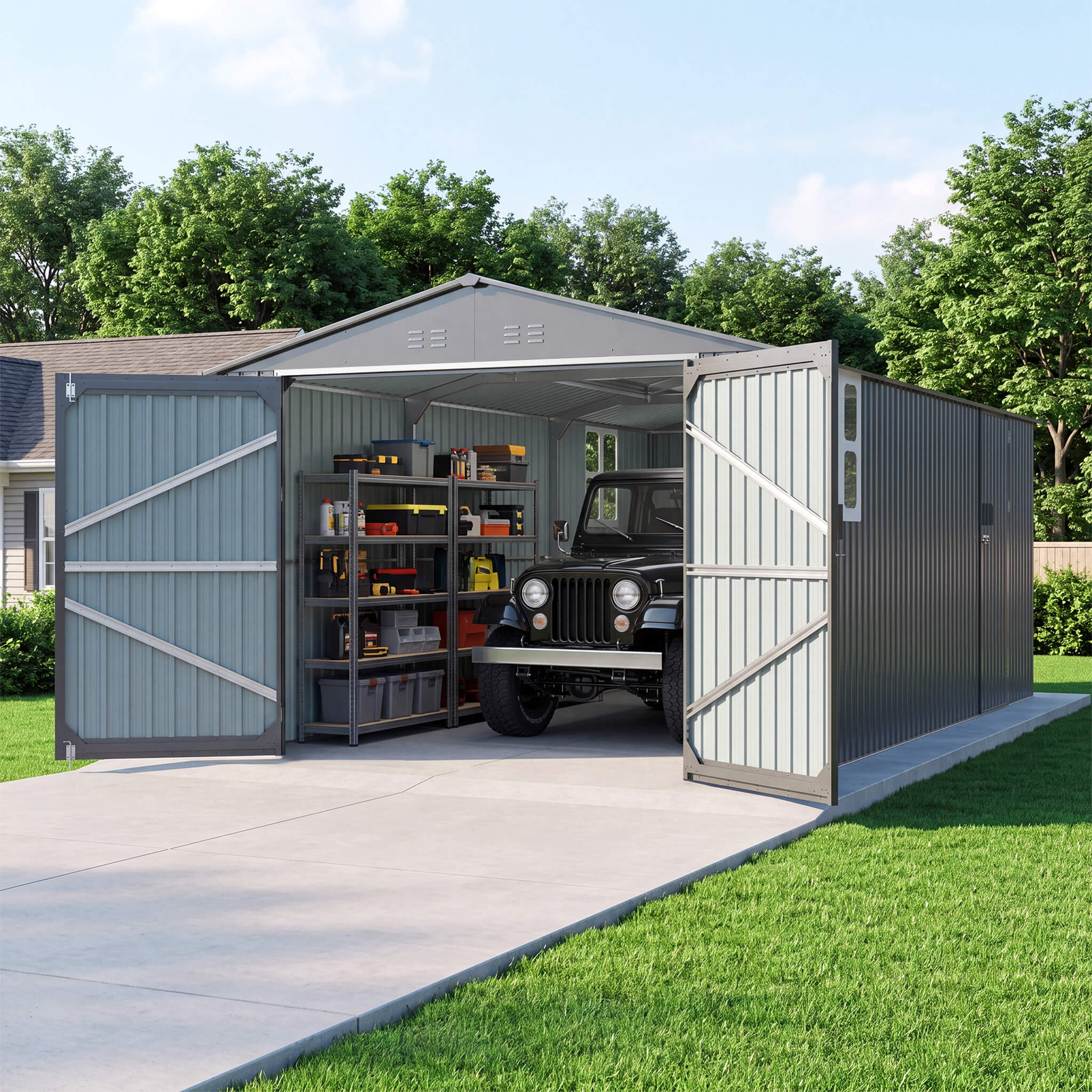 Alora Extra-Large Outdoor Galvanized Steel Outdoor Storage Shed With Skylight Roof (SAK42671)