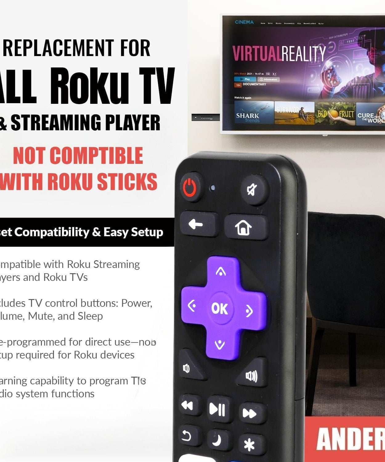 Anderic RRST01.26 Universal for all Roku Players and TV's with Learning | Replaces RC-ALIR, RC-CHIR, RC280, Ultra, Express, and more