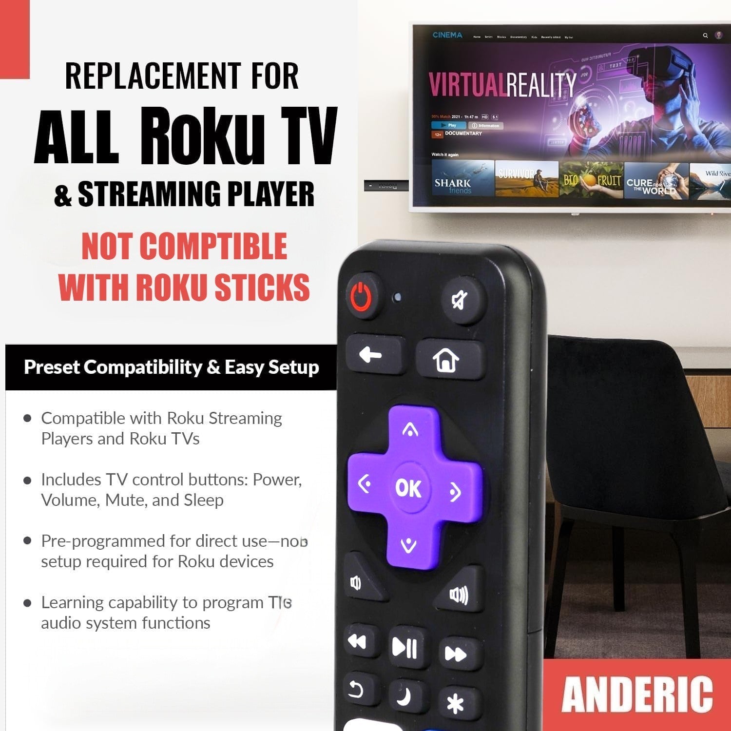 Anderic RRST01.26 Universal for all Roku Players and TV's with Learning | Replaces RC-ALIR, RC-CHIR, RC280, Ultra, Express, and more