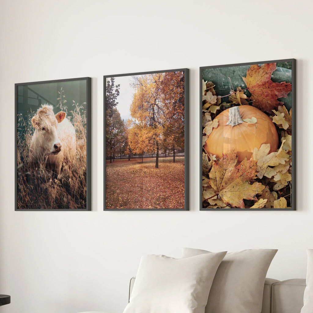 Autumn Farmhouse Prints. Cow, Fall Trees, Pumpkin Decor