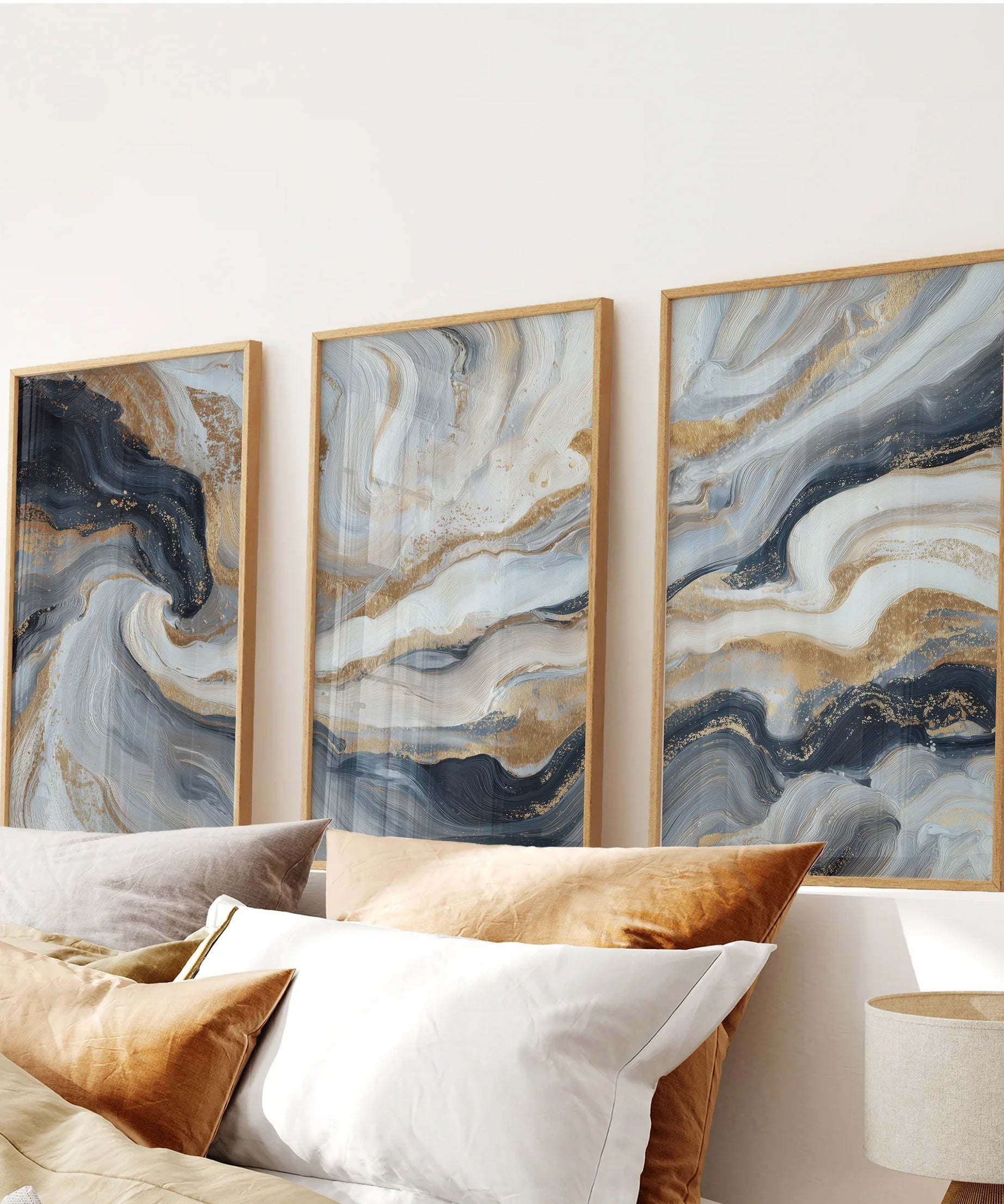 3 Piece Modern Abstract Marble Wall Art: Navy Blue and Gold