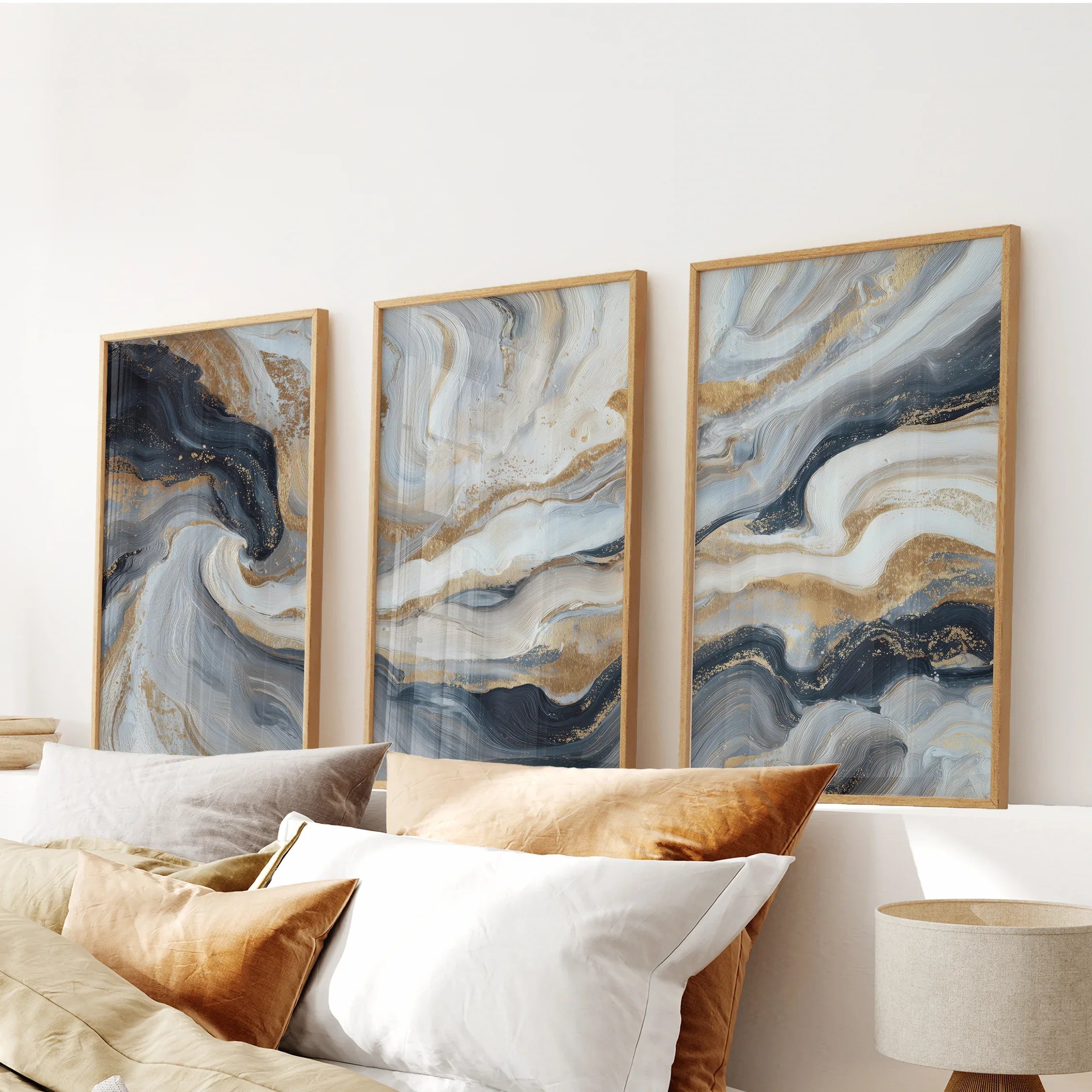 3 Piece Modern Abstract Marble Wall Art: Navy Blue and Gold