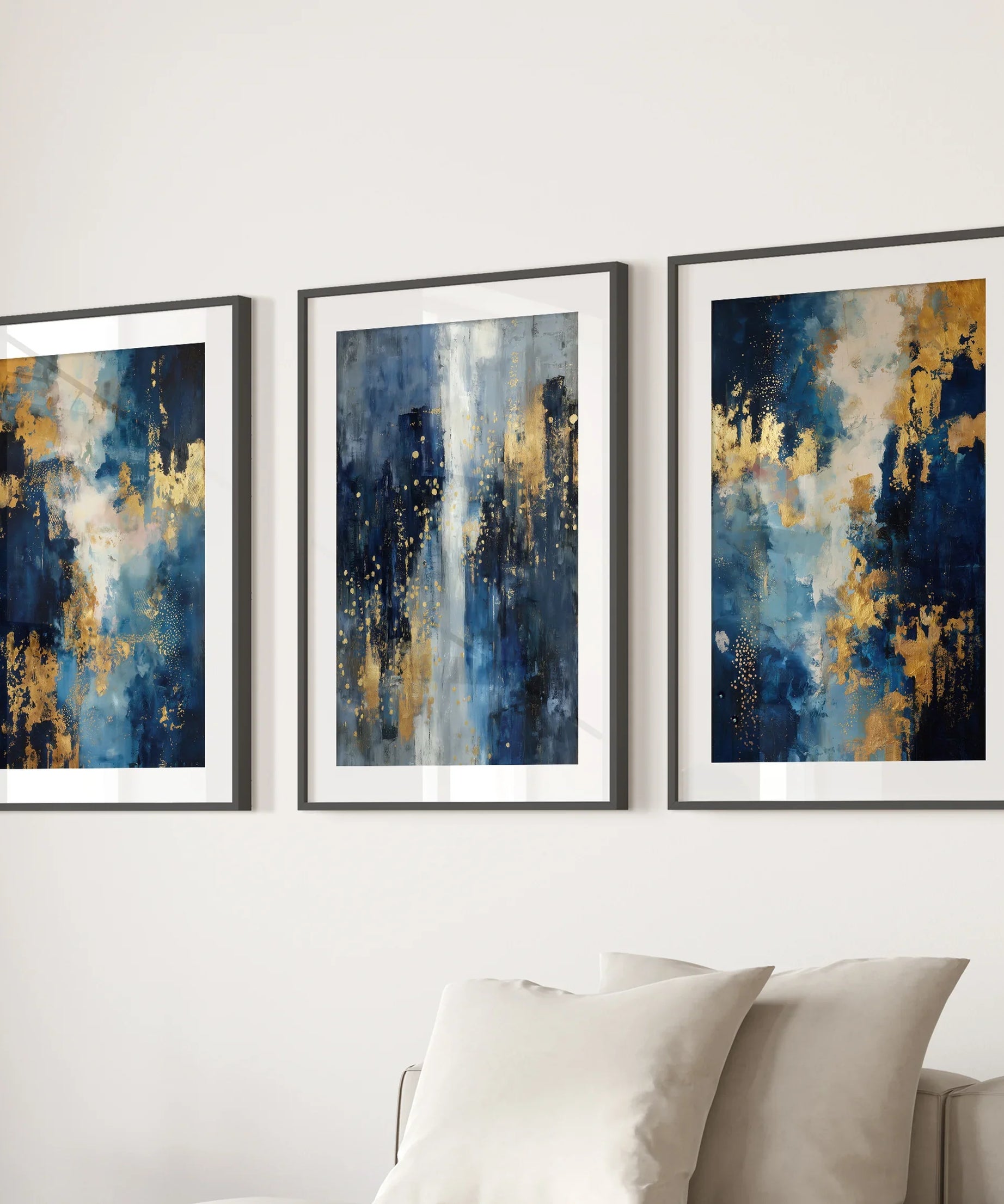 Elegant Navy and Gold Art Set of 3. Contemporary Abstract Prints