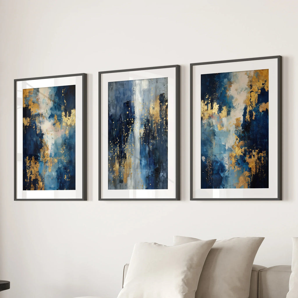 Elegant Navy and Gold Art Set of 3. Contemporary Abstract Prints