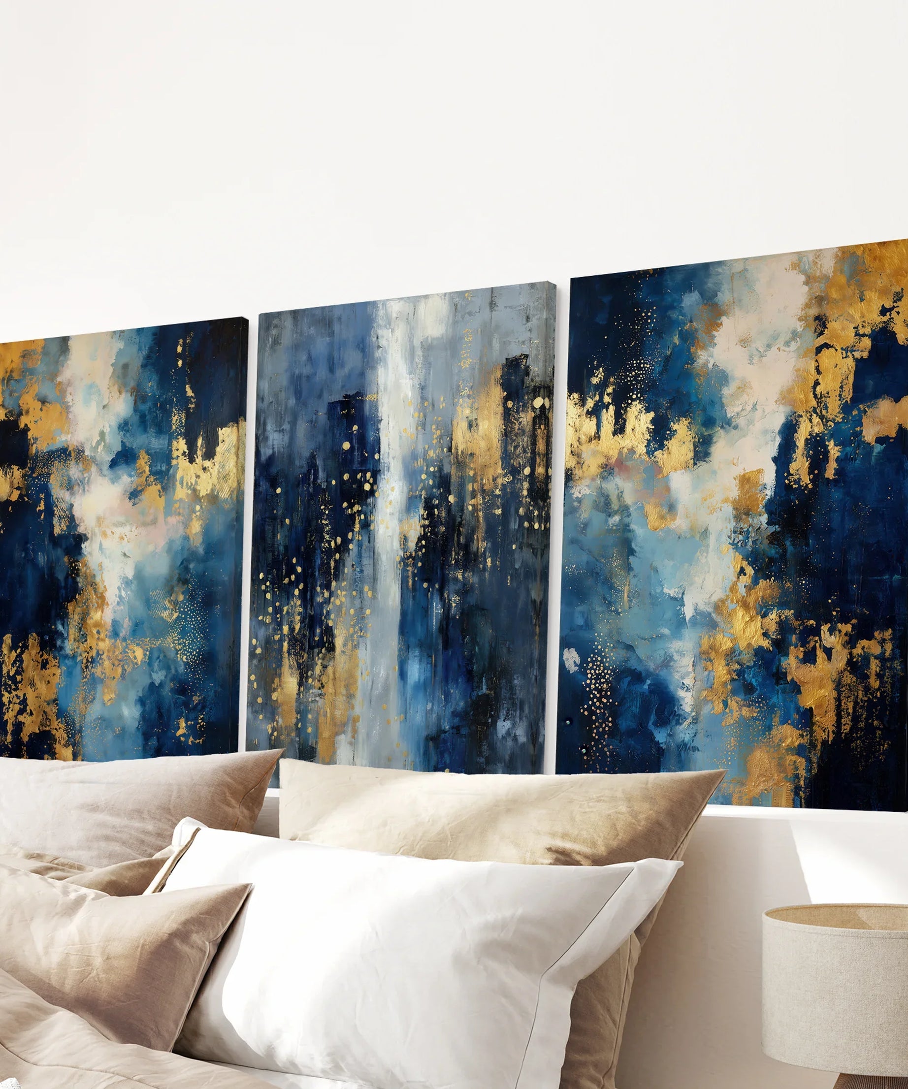 Elegant Navy and Gold Art Set of 3. Contemporary Abstract Prints