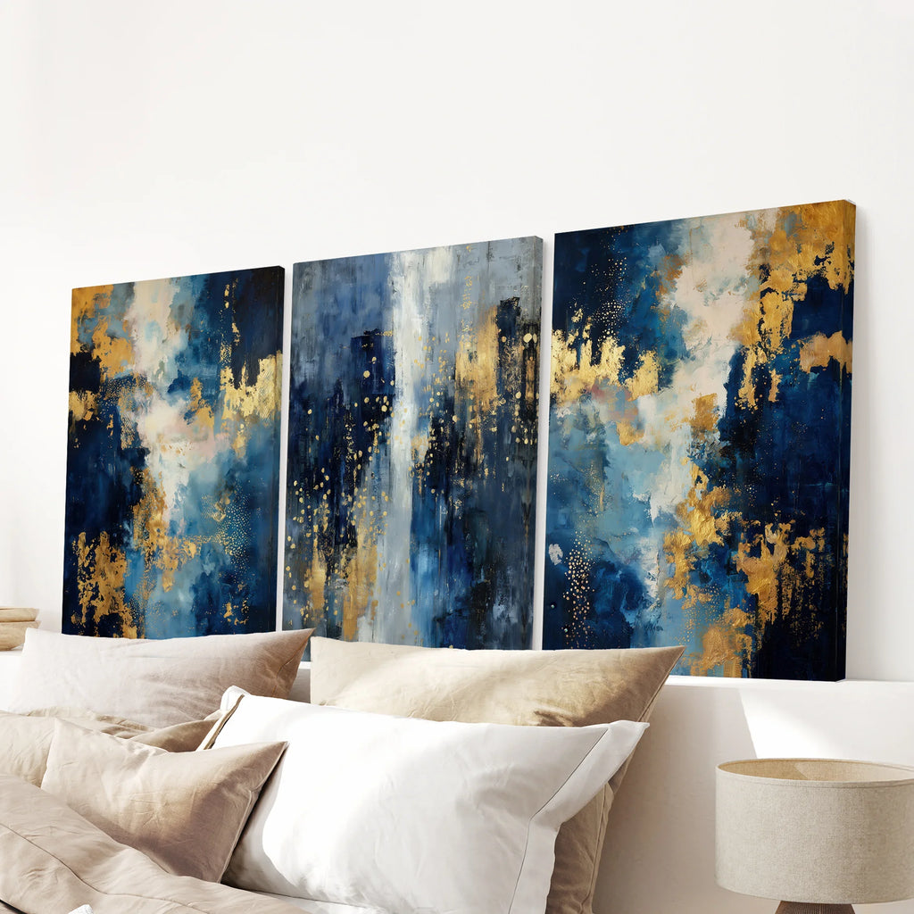 Elegant Navy and Gold Art Set of 3. Contemporary Abstract Prints