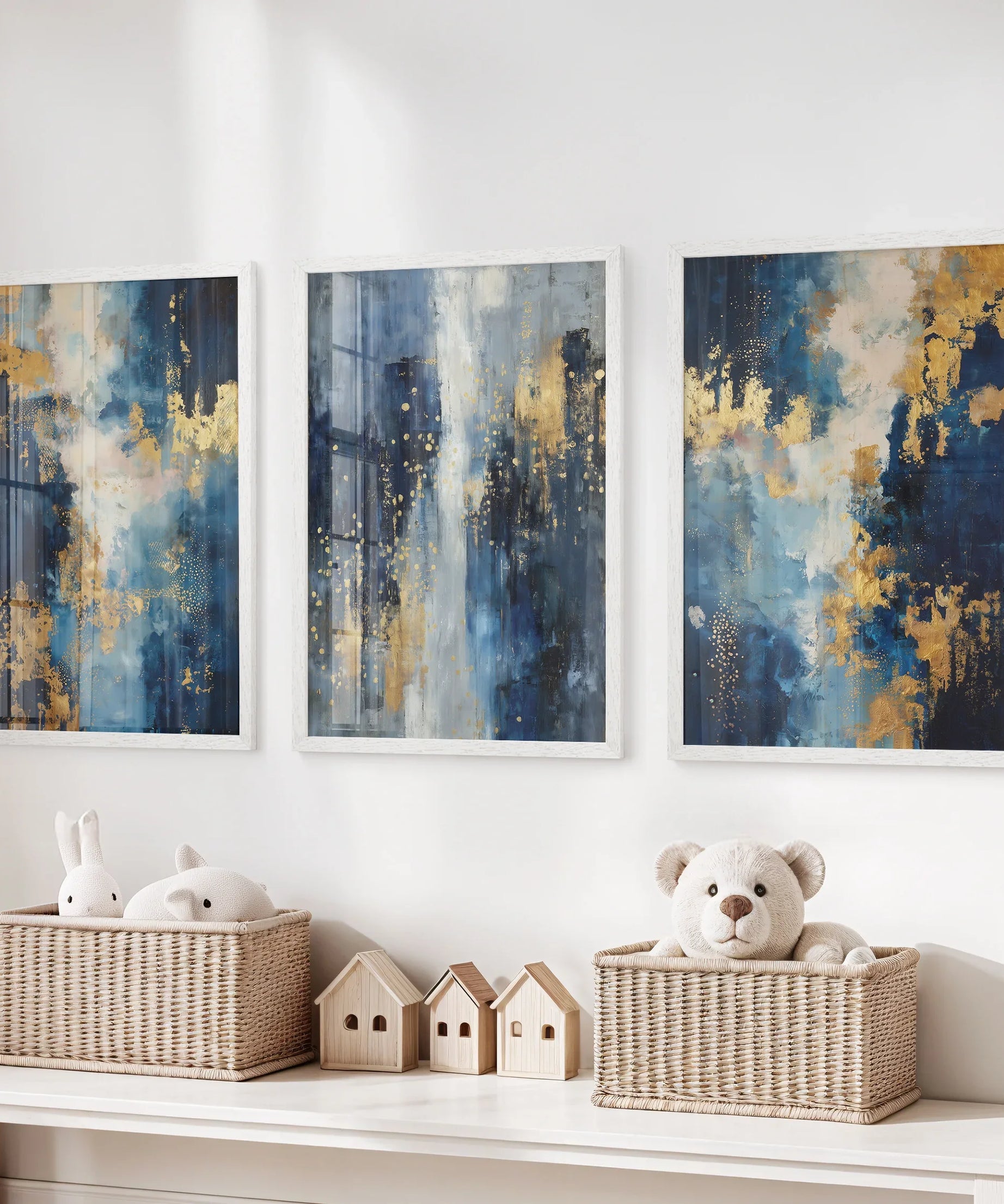 Elegant Navy and Gold Art Set of 3. Contemporary Abstract Prints