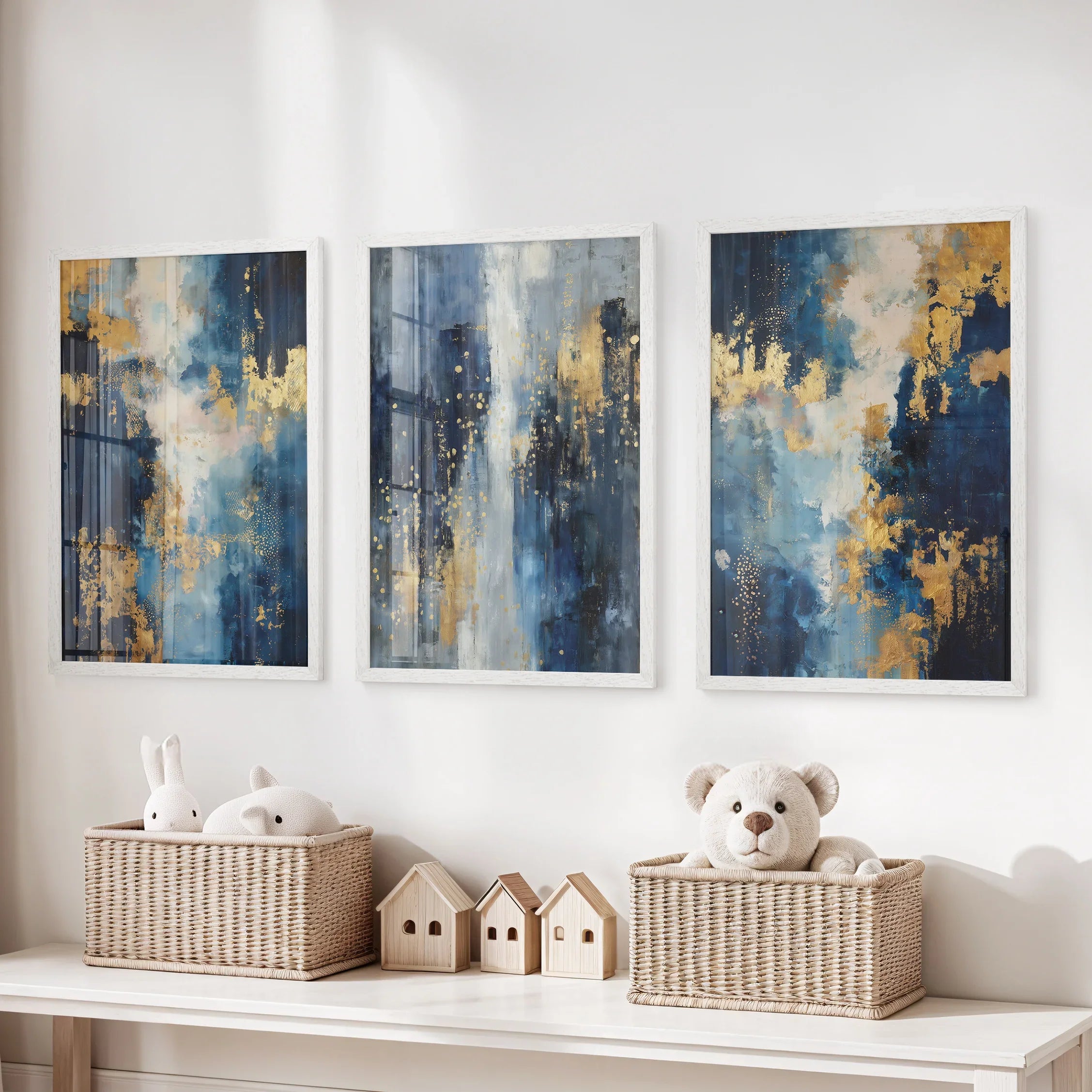 Elegant Navy and Gold Art Set of 3. Contemporary Abstract Prints