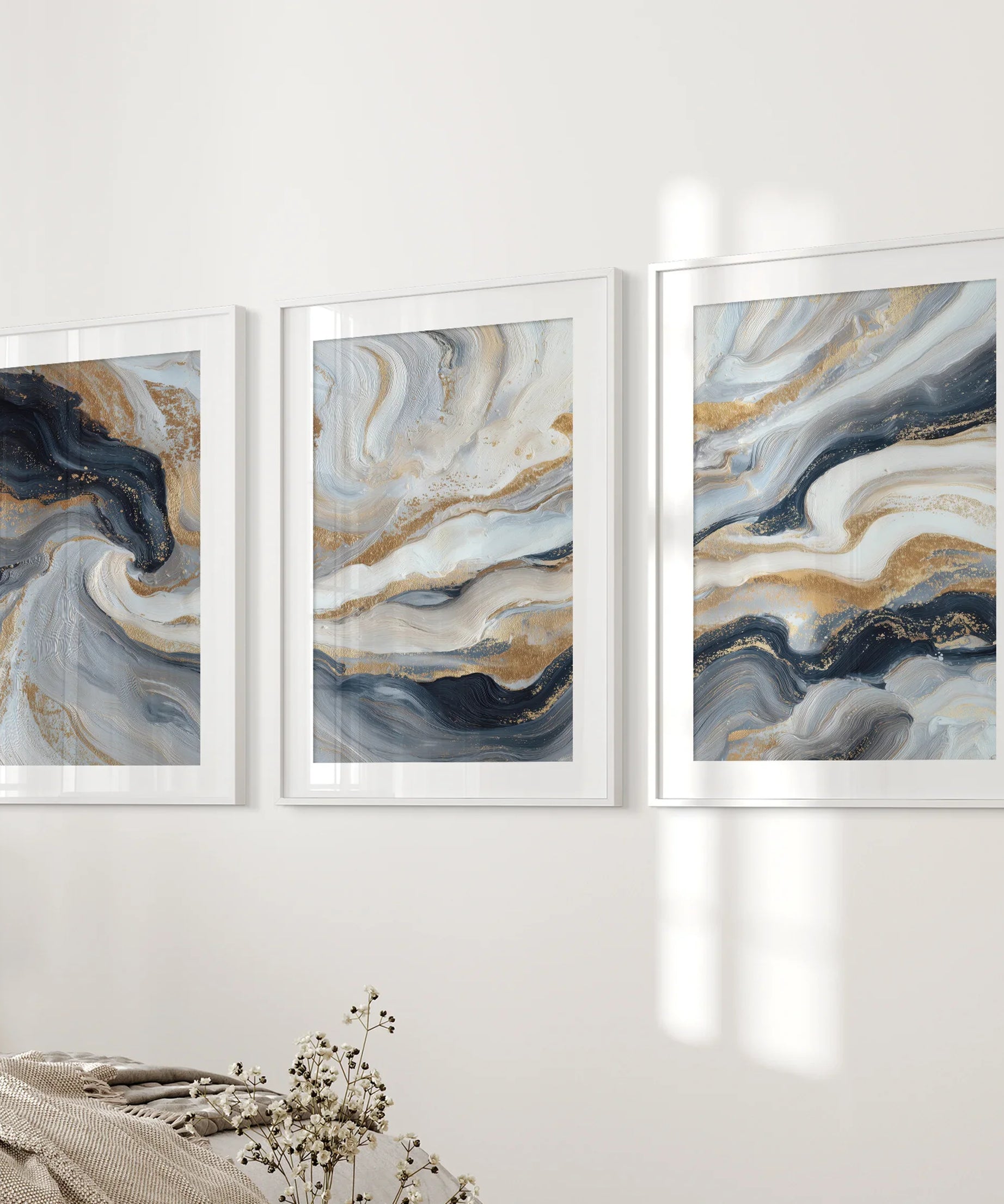3 Piece Modern Abstract Marble Wall Art: Navy Blue and Gold