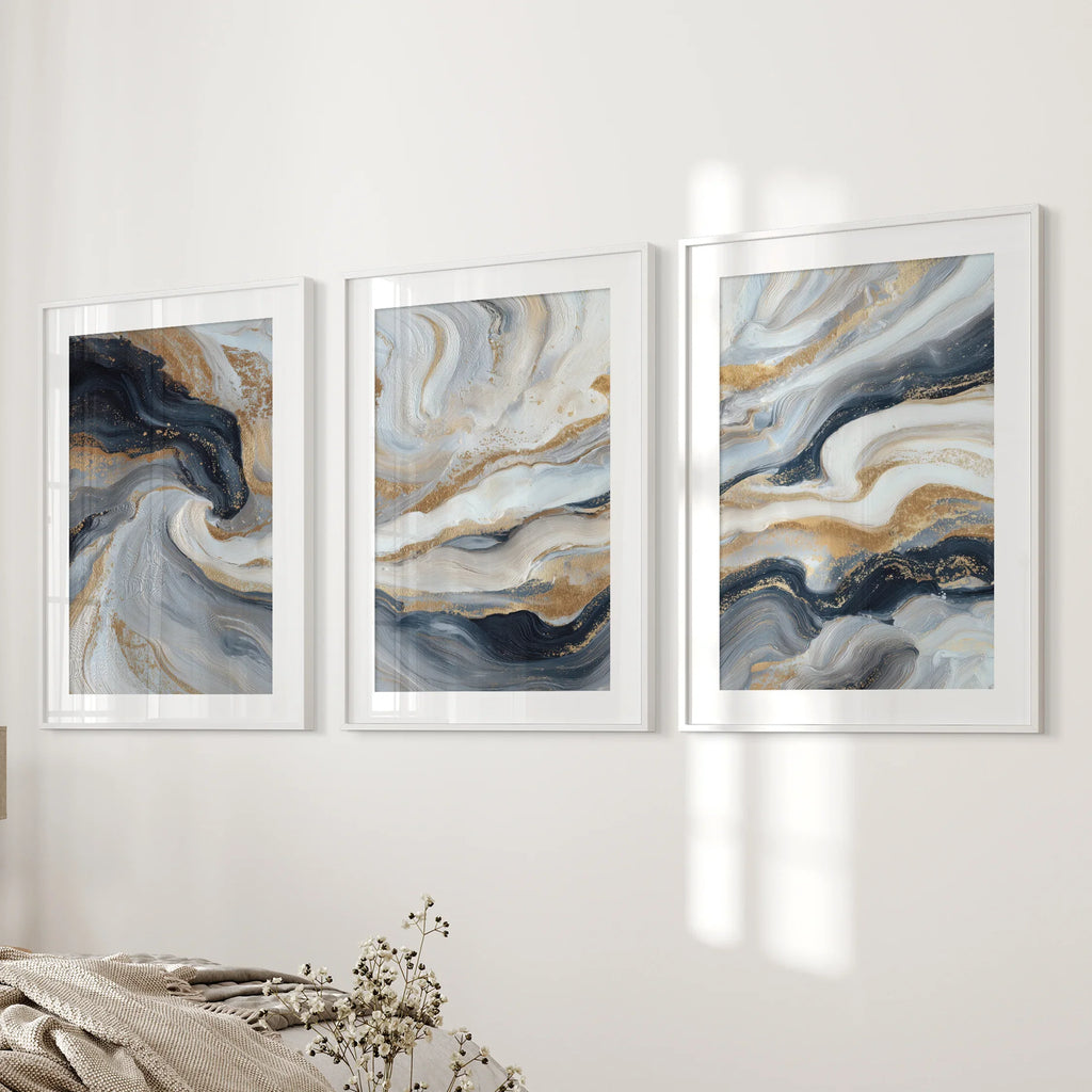 3 Piece Modern Abstract Marble Wall Art: Navy Blue and Gold