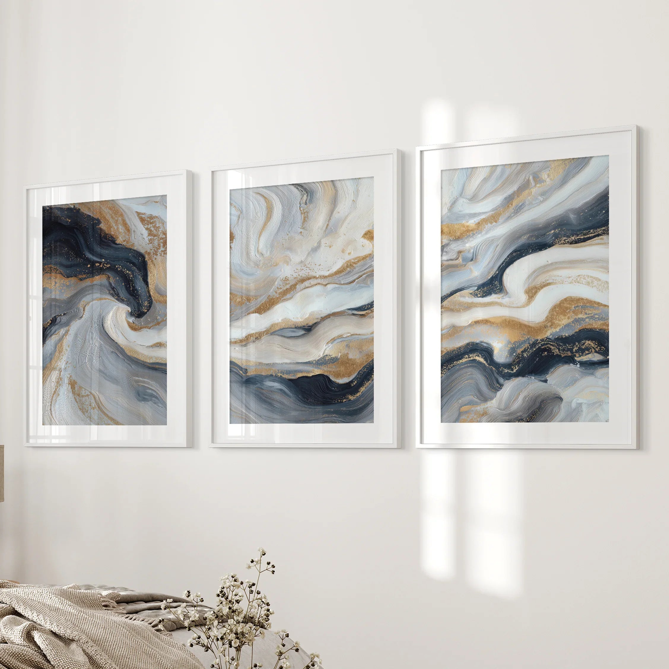 3 Piece Modern Abstract Marble Wall Art: Navy Blue and Gold