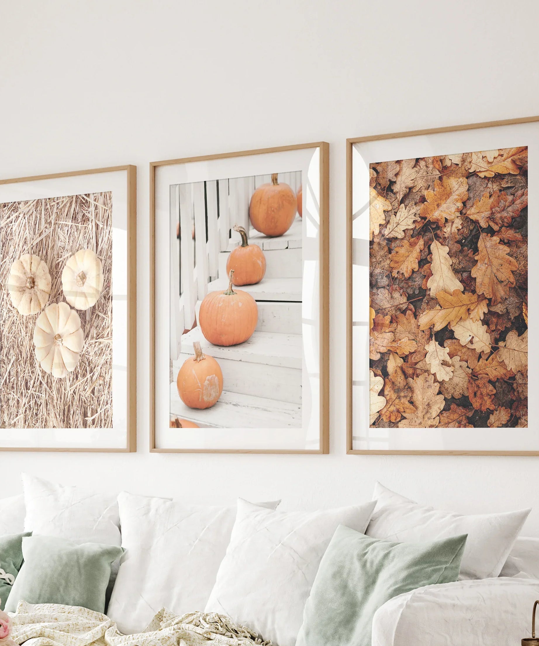 Cozy Fall Wall Art Set of 3. Pumpkins and Autumn Leaves