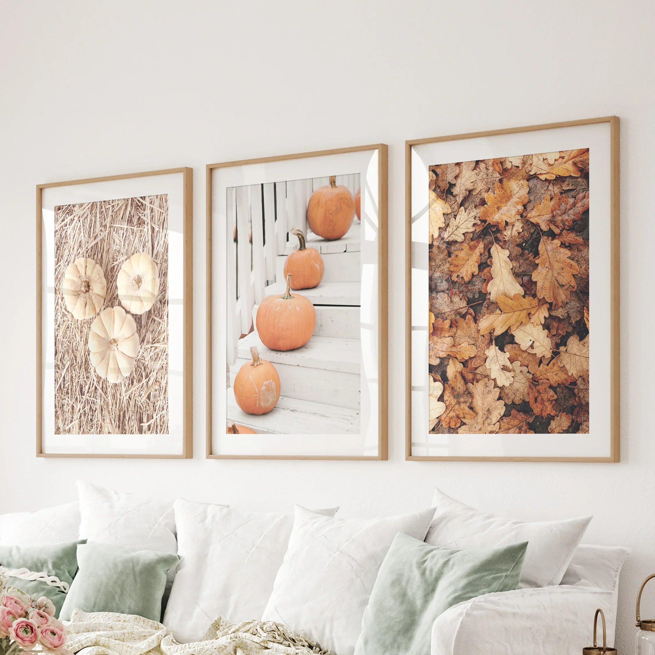 Cozy Fall Wall Art Set of 3. Pumpkins and Autumn Leaves