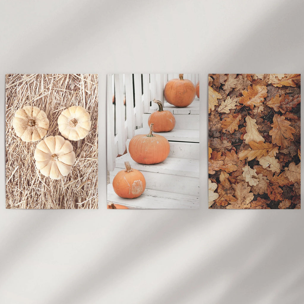 Cozy Fall Wall Art Set of 3. Pumpkins and Autumn Leaves