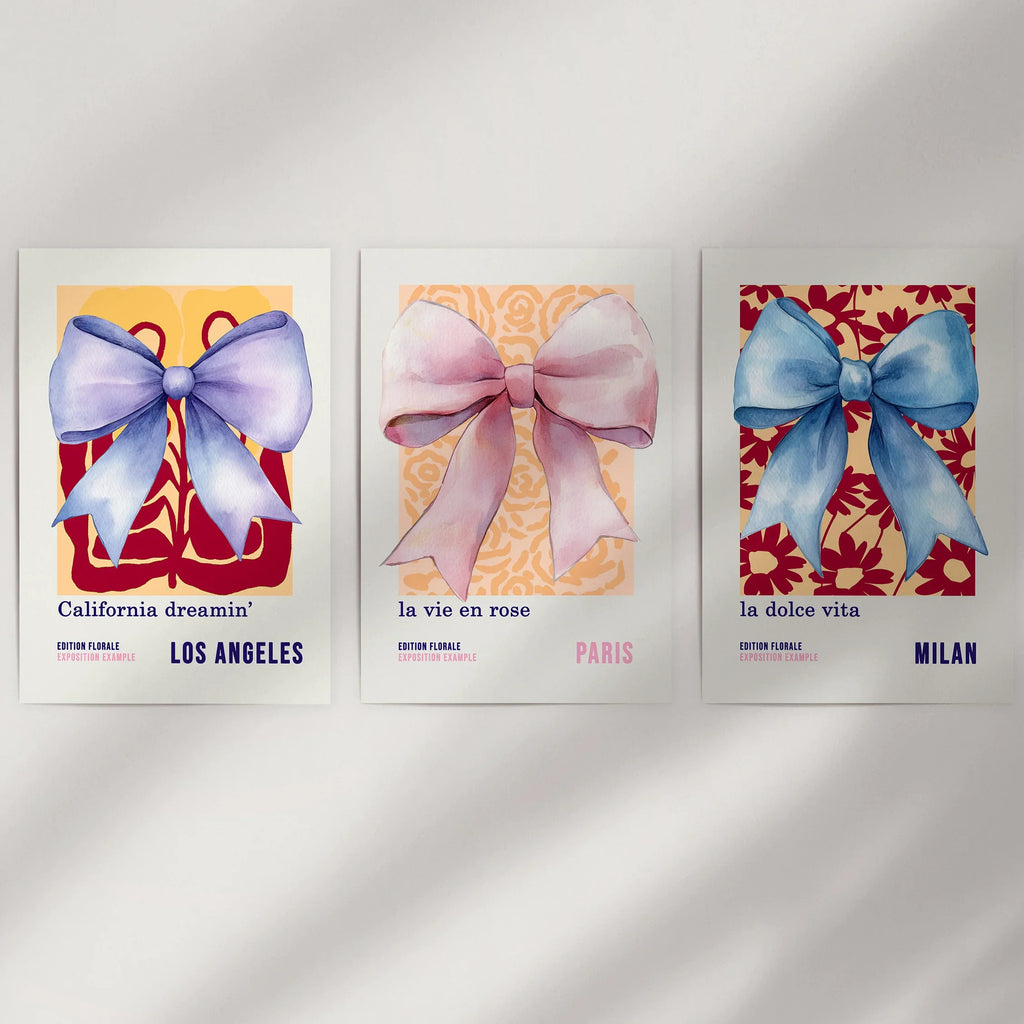 Girly Bow Wall Art Trio. Preppy Pastel Fashion Quotes Posters