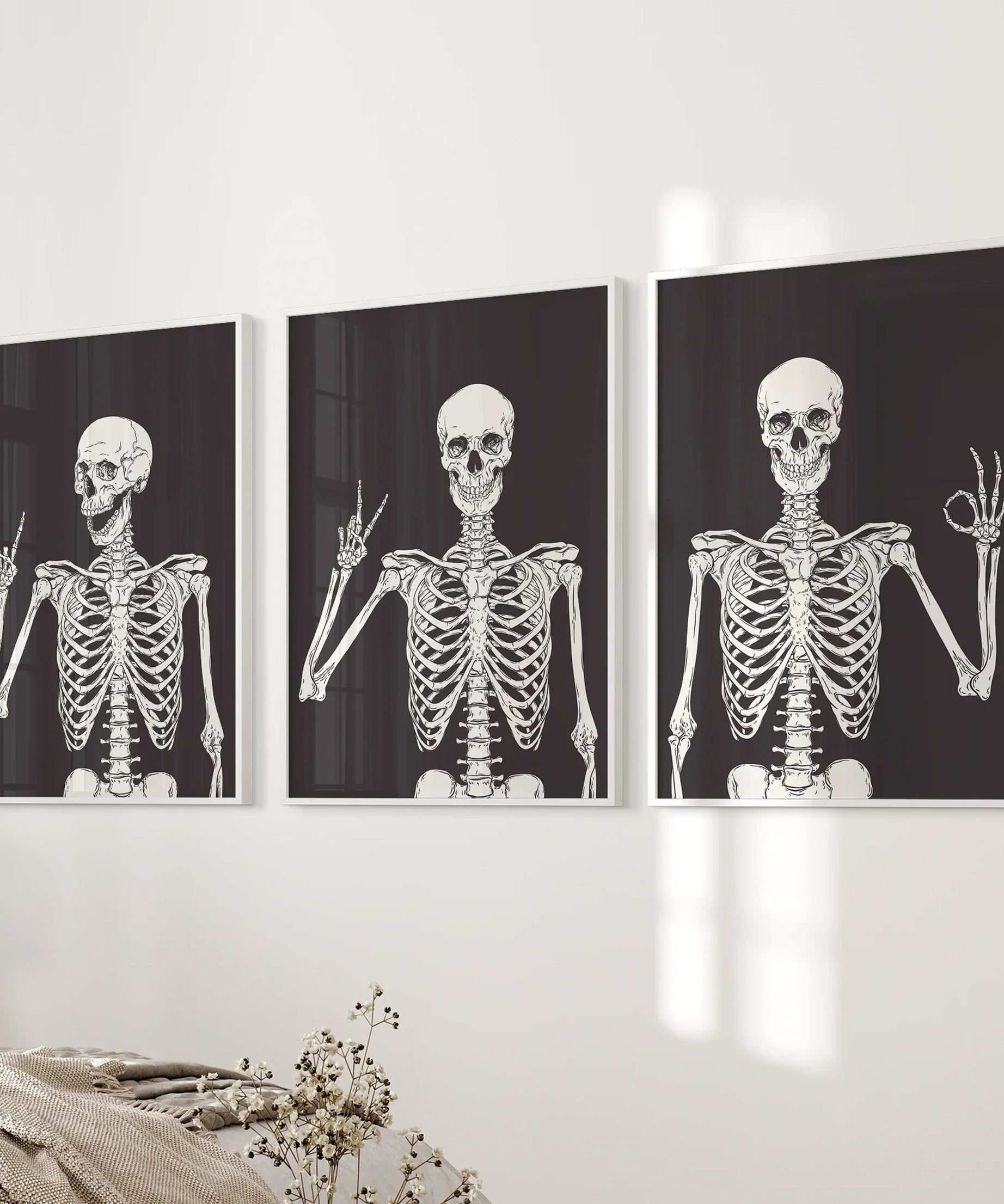 Halloween Skeleton Wall Art Set. 3 Piece Black Gothic Prints