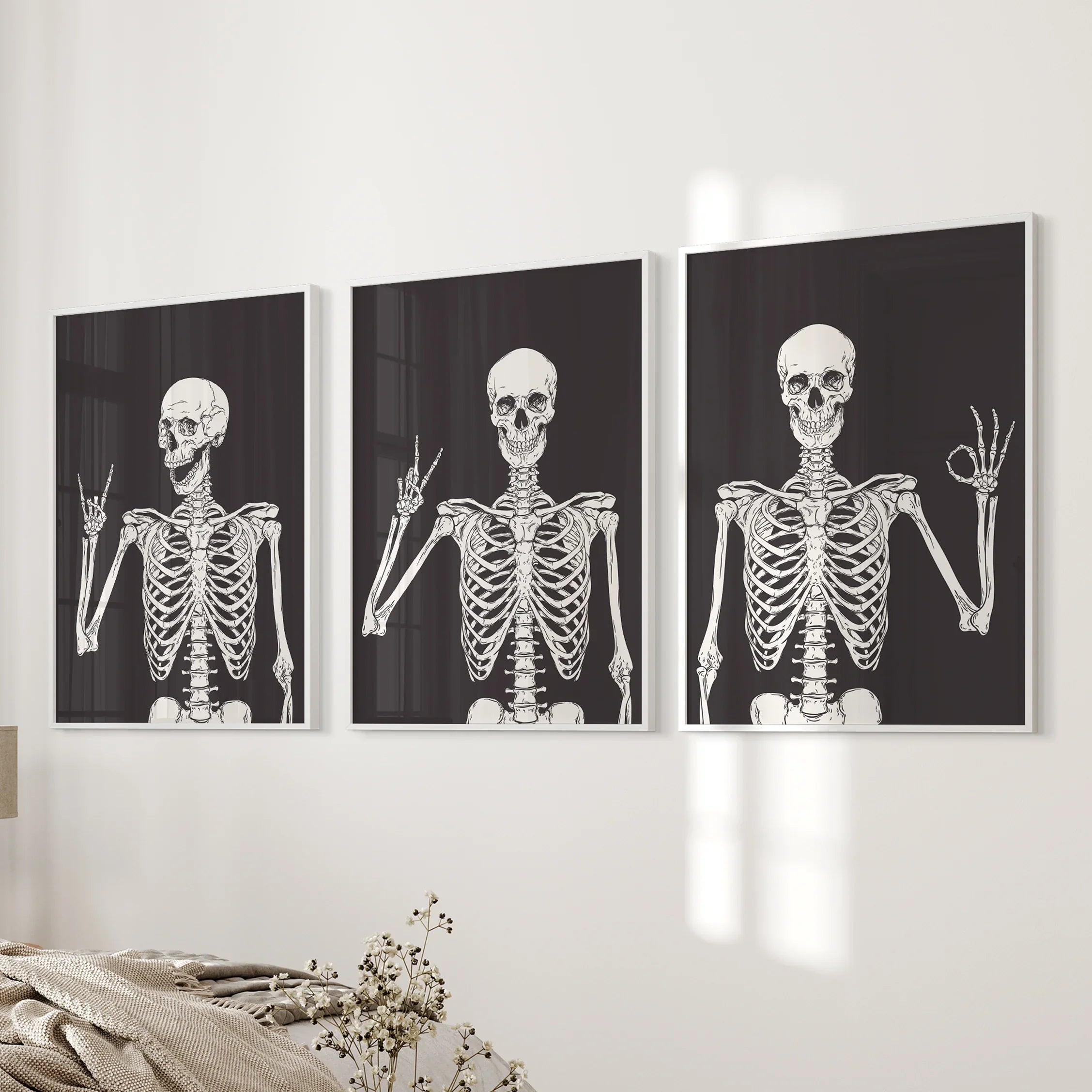 Halloween Skeleton Wall Art Set. 3 Piece Black Gothic Prints
