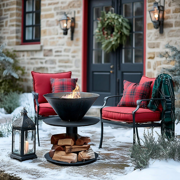 Outdoor Iron Pedestal Fire Bowl and Log Holder