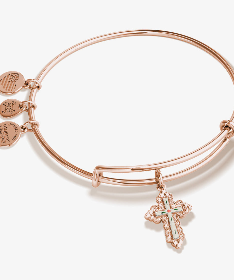 Floral Cross Charm Bangle Bracelet