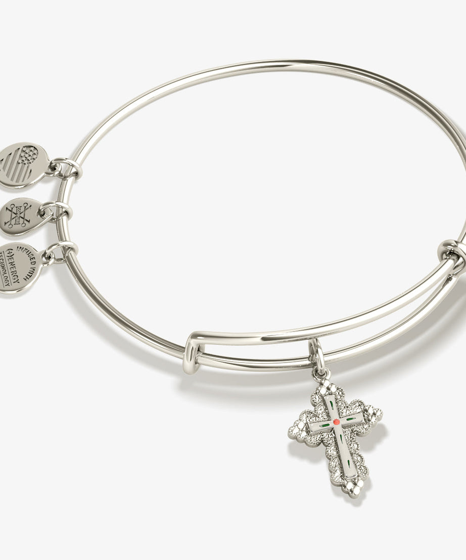 Floral Cross Charm Bangle Bracelet