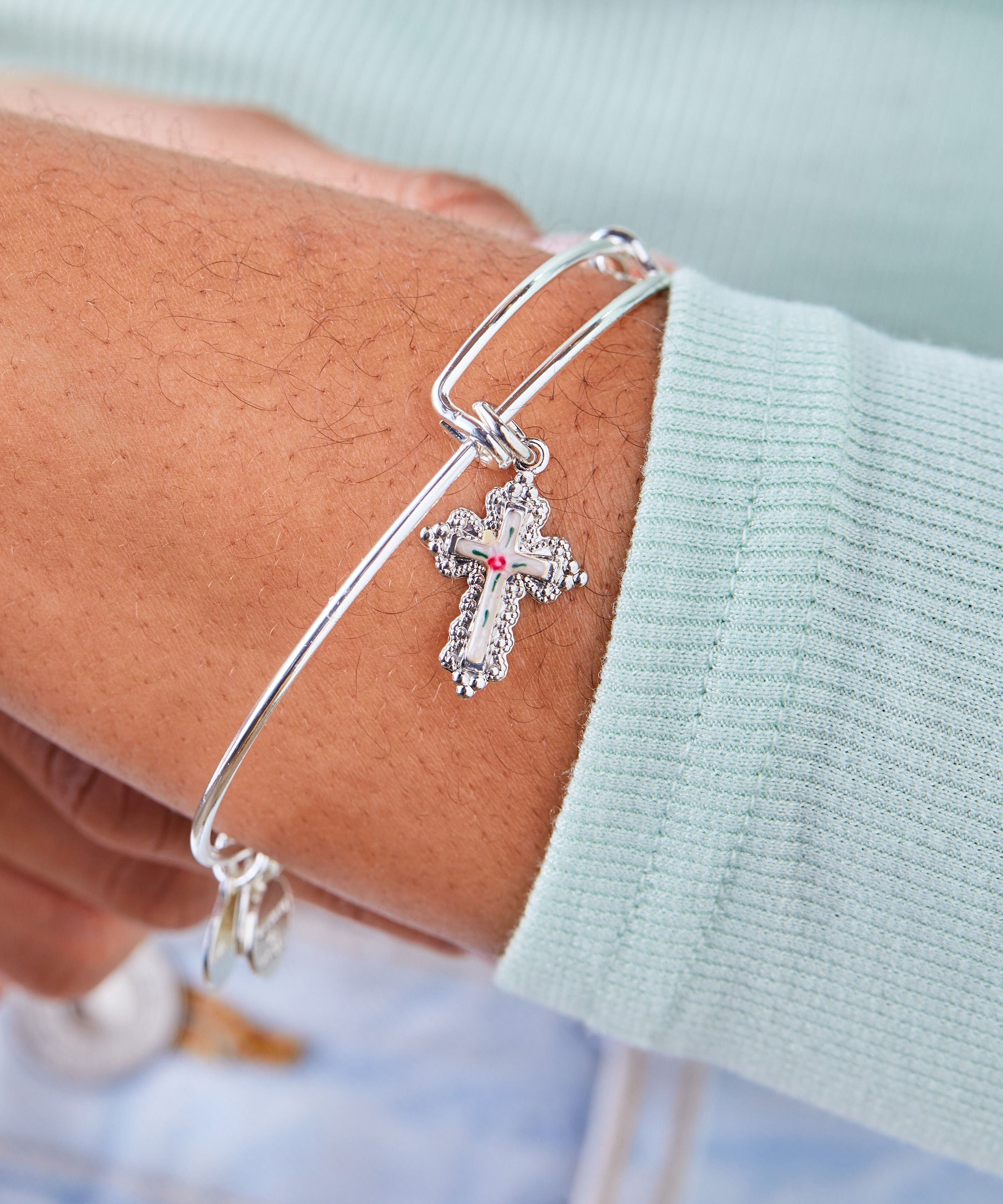 Floral Cross Charm Bangle Bracelet
