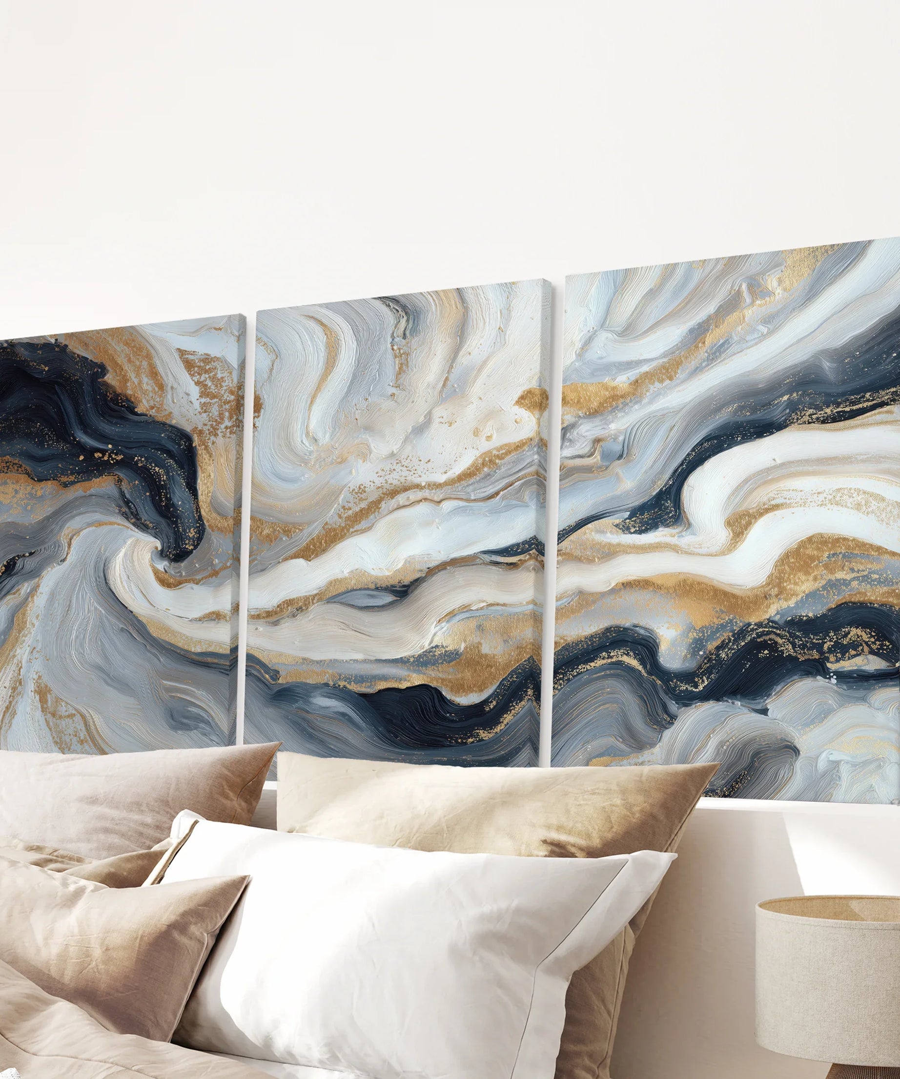 3 Piece Modern Abstract Marble Wall Art: Navy Blue and Gold