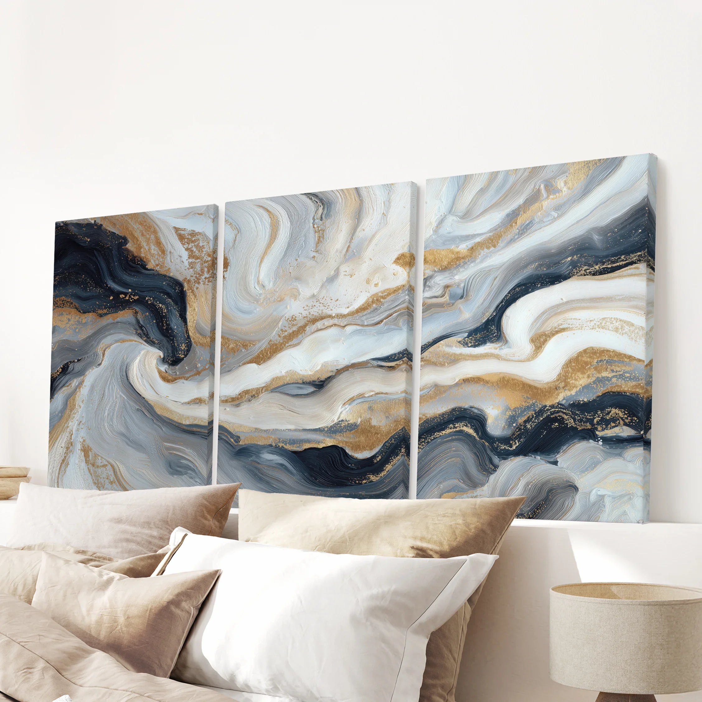 3 Piece Modern Abstract Marble Wall Art: Navy Blue and Gold