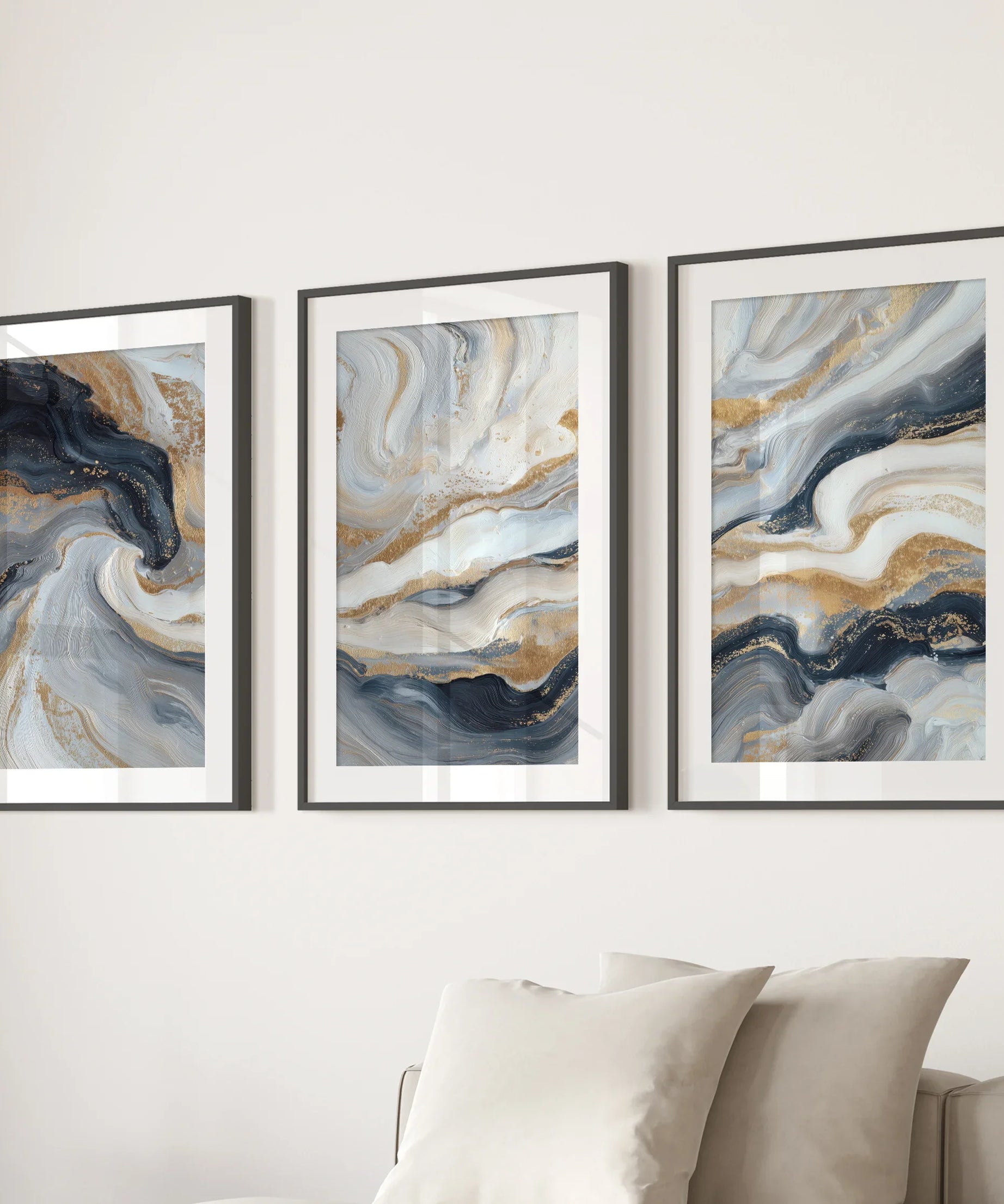 3 Piece Modern Abstract Marble Wall Art: Navy Blue and Gold